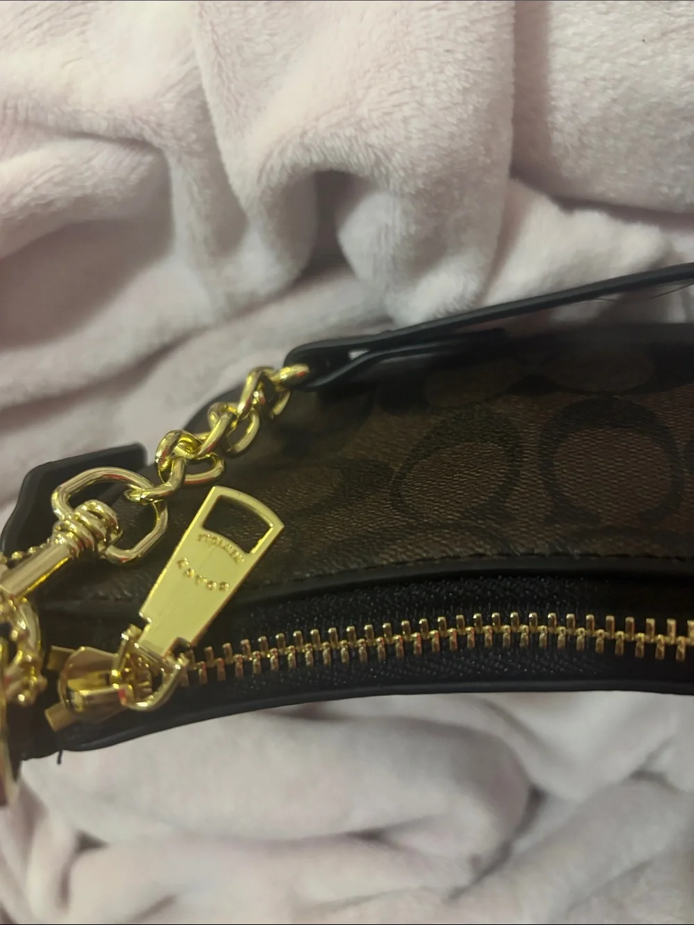 Coach Dark Brown Signature Canvas Shoulder Bag with Gold Hardware